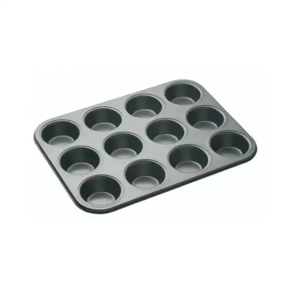 Muffin tin with 12 cups on a white background