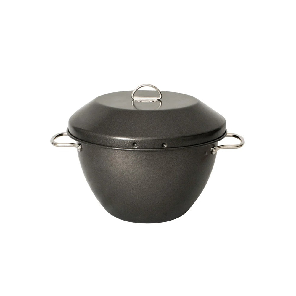Black pot with a lid on a white background