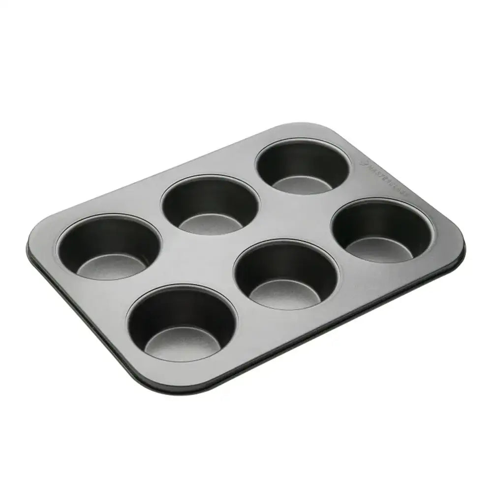 Gray muffin tin with six compartments on a white background