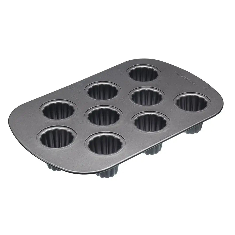 Gray muffin tin with six cups on a white background