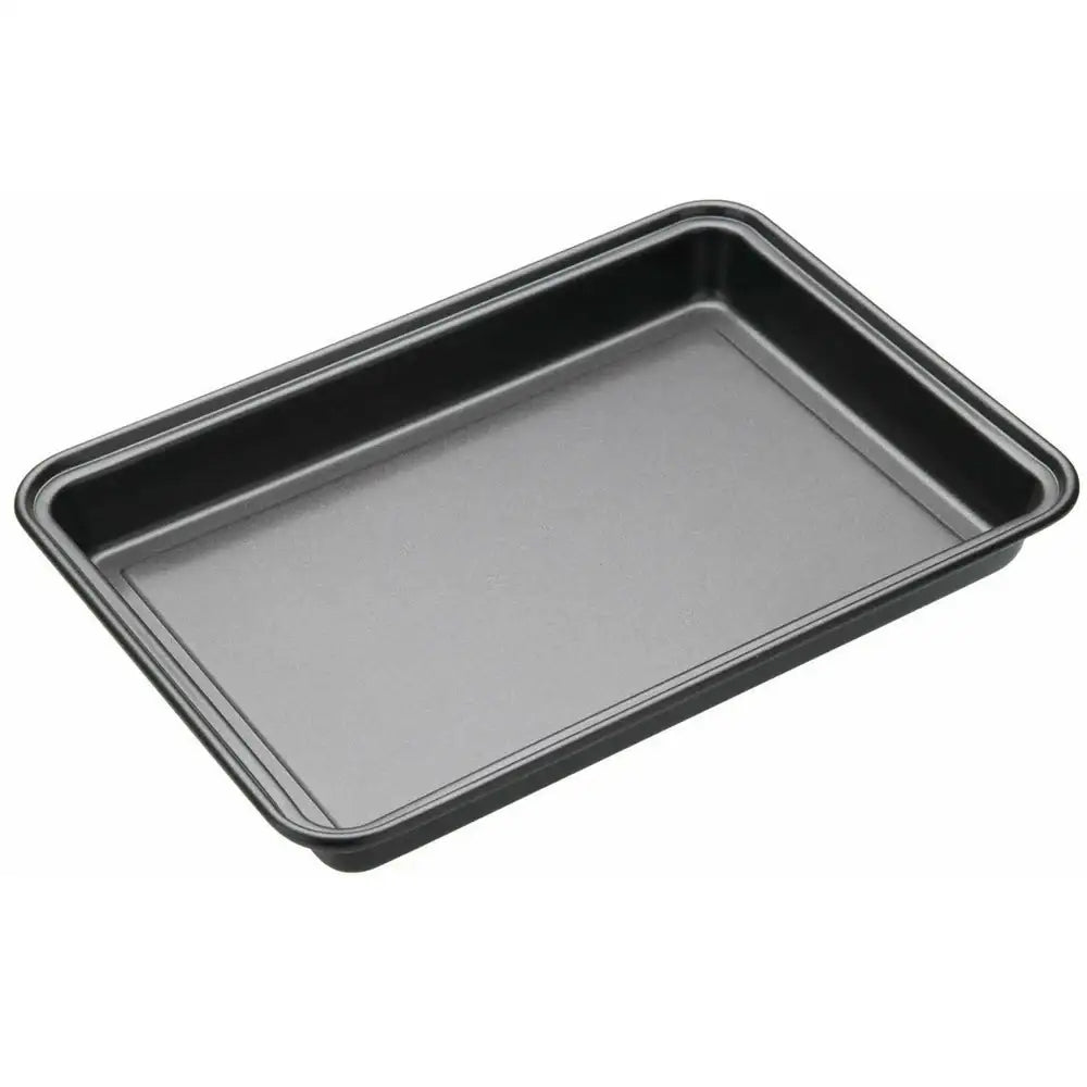 Black rectangular baking tray on a white background