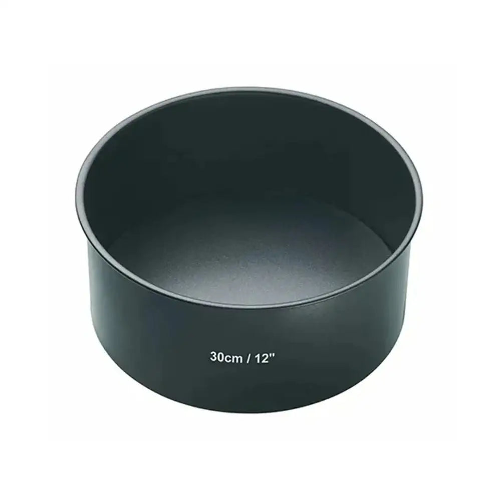 Black round cake pan with dimensions 30cm / 12" on a white background