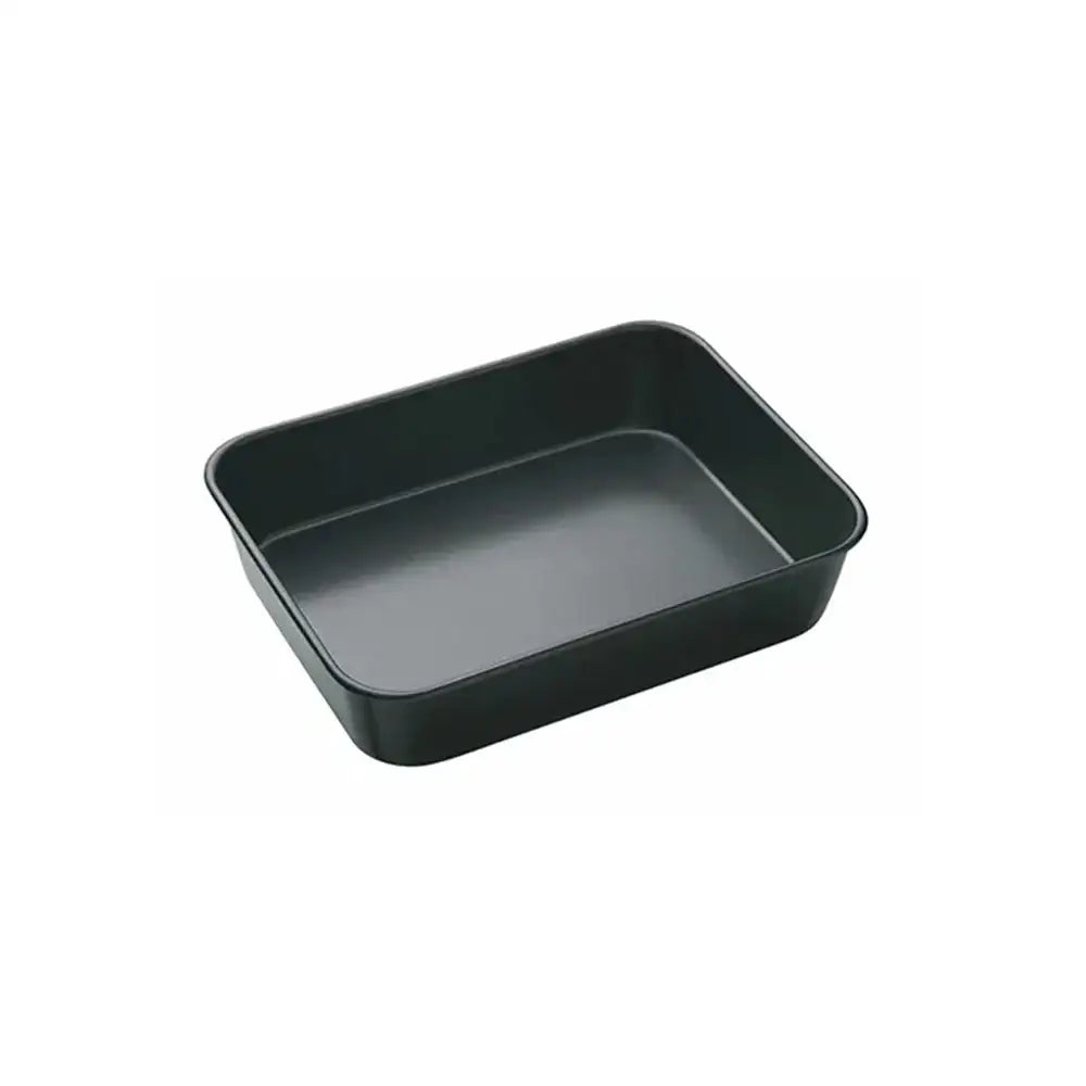 Black rectangular baking tray on a white background