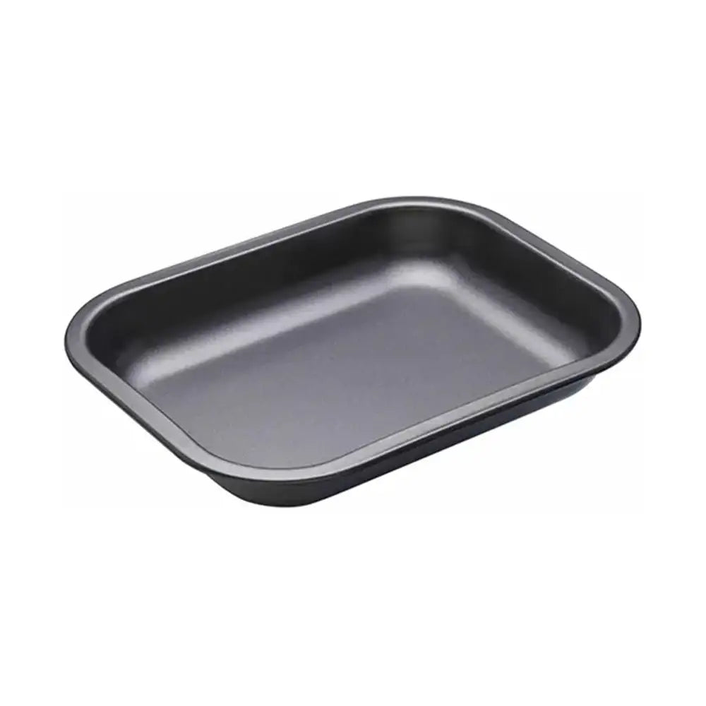 Black rectangular baking tray on a white background