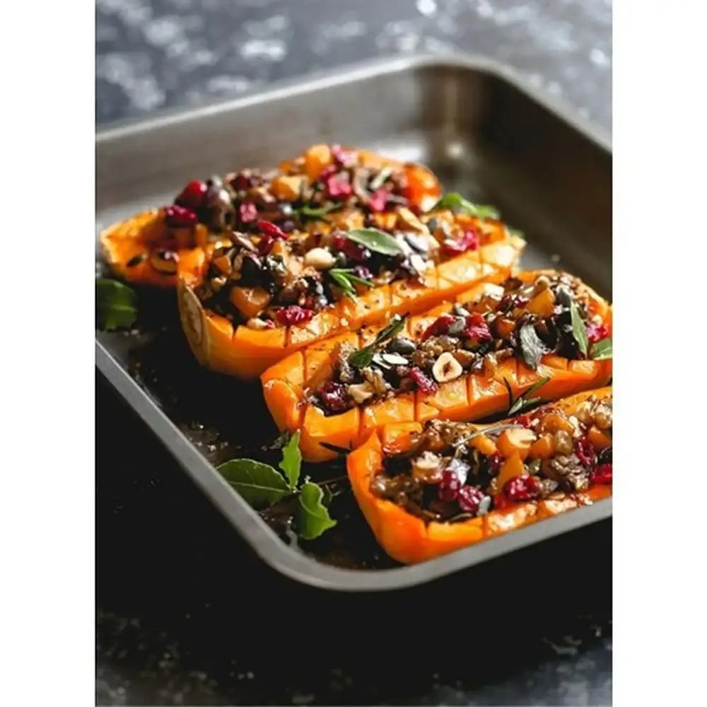 Stuffed butternut squash on a baking tray with a dark background