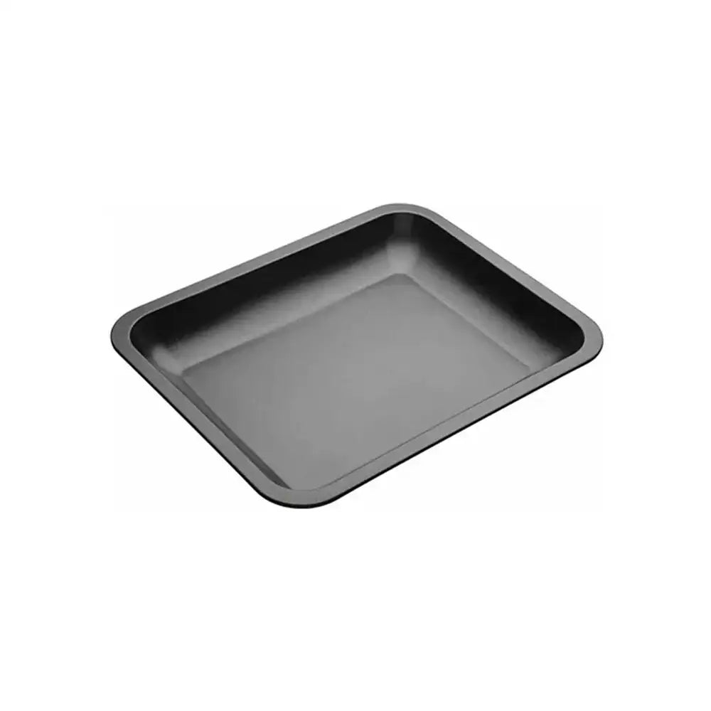 Black rectangular baking tray on a white background