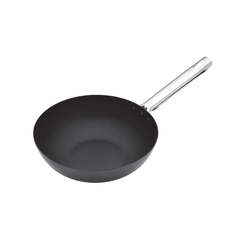 Black wok with a silver handle on a white background