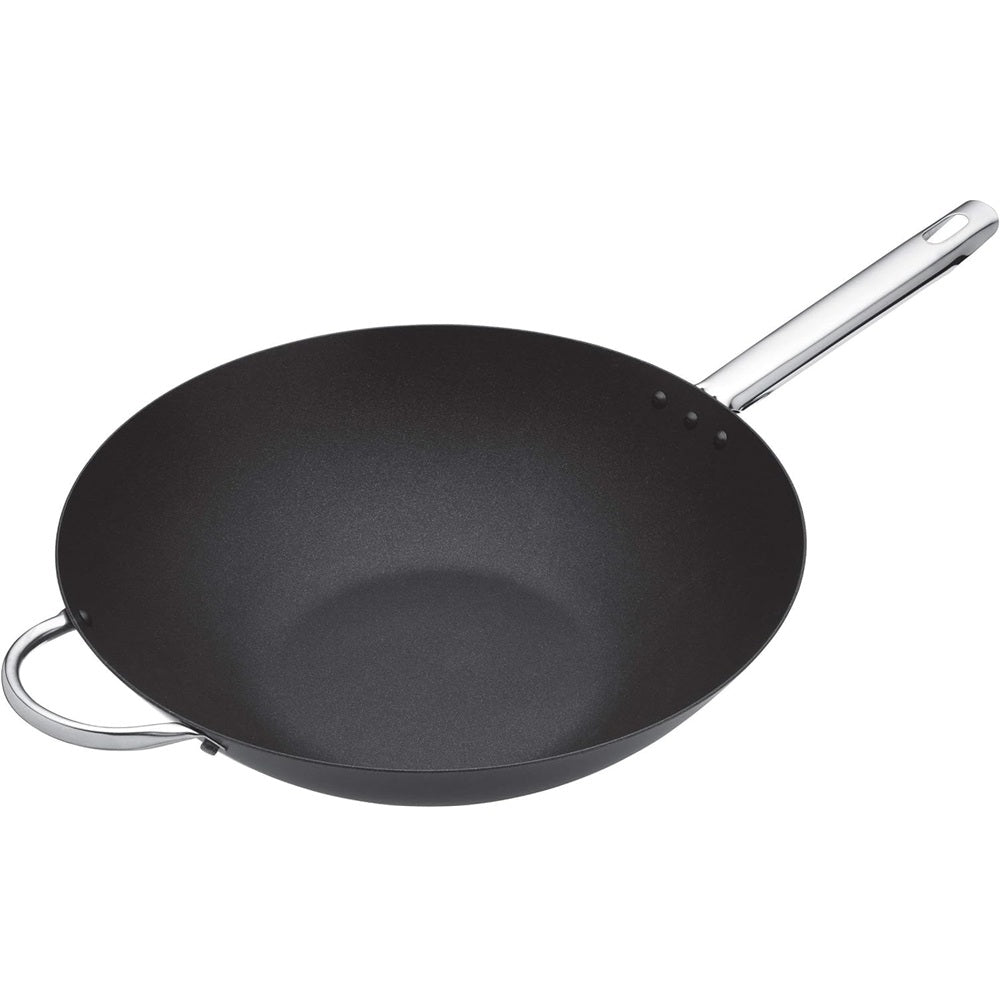 Black wok with a silver handle on a white background