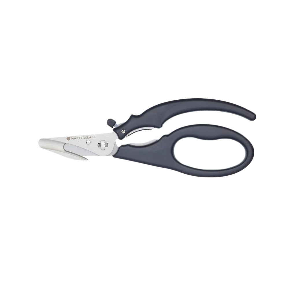 Pair of seafood shears with black handles on a white background