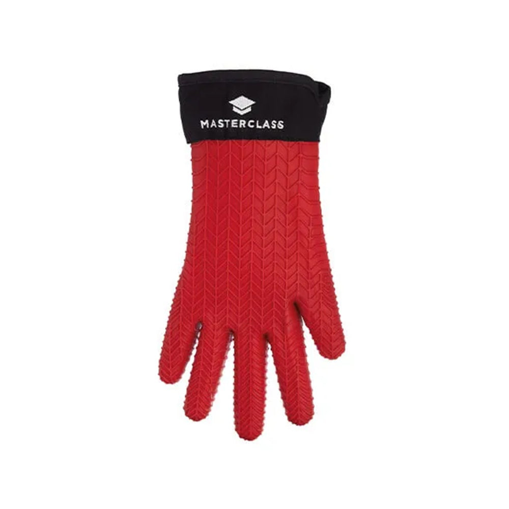 Red glove with black cuff featuring 'Masterclass' logo on a white background