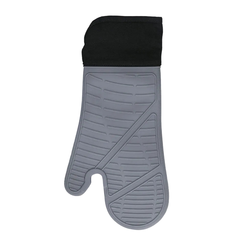 Gray oven mitt with black cuff on a white background