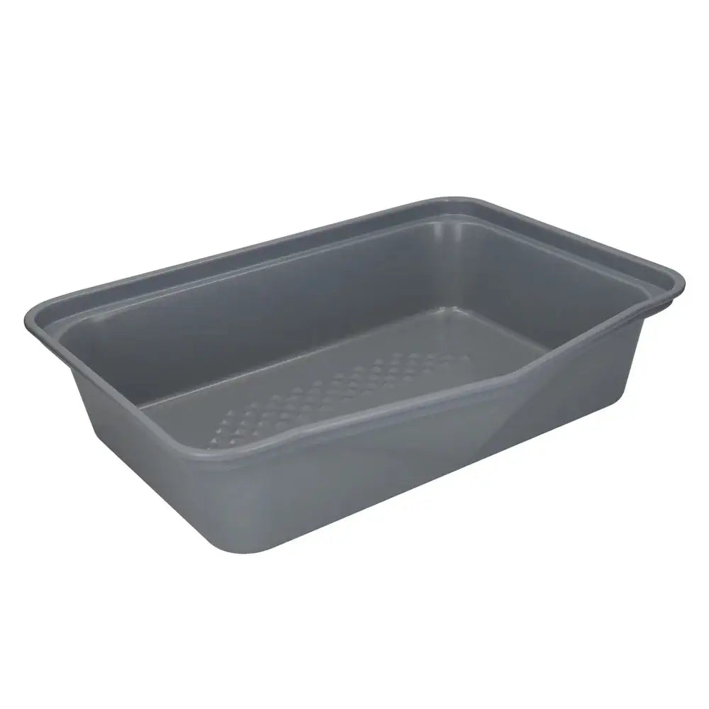 Gray roasting pan with textured bottom on a white background