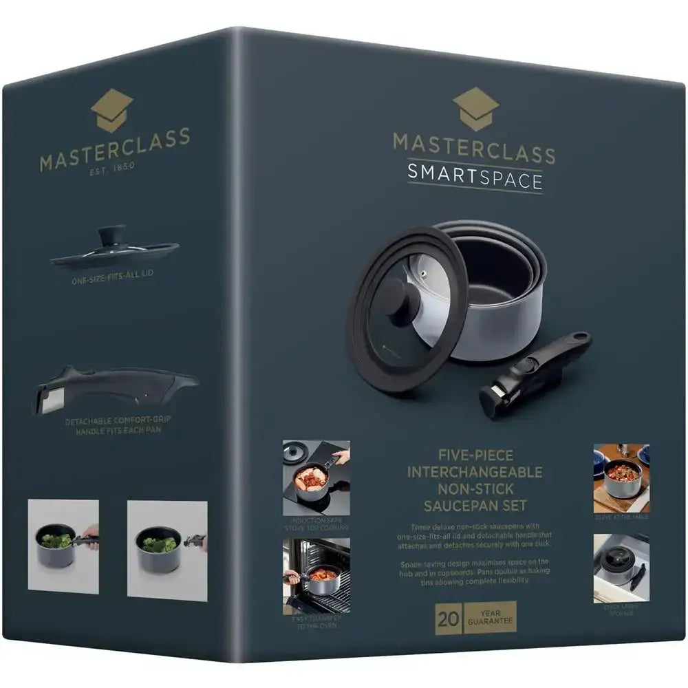 Masterclass SmartSpace five-piece interchangeable non-stick saucepan set packaging on a white background