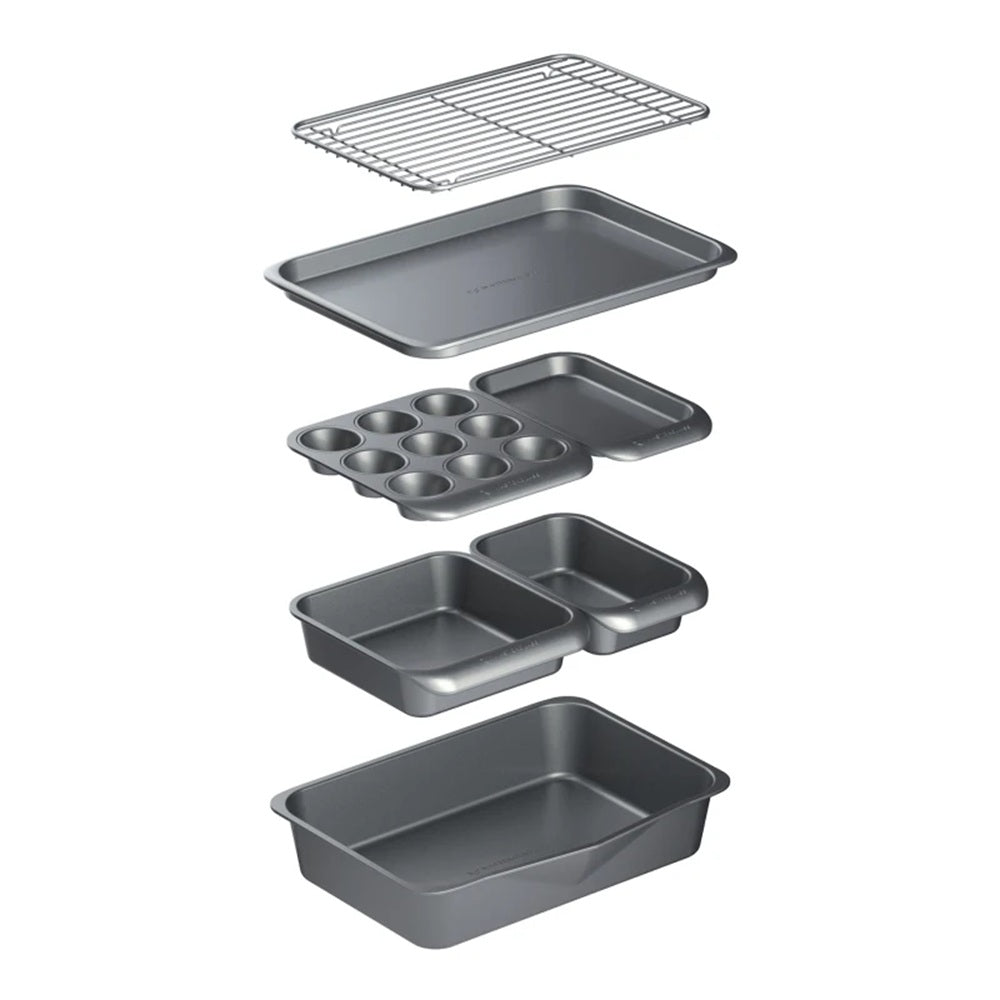 Set of gray baking pans and racks on a white background