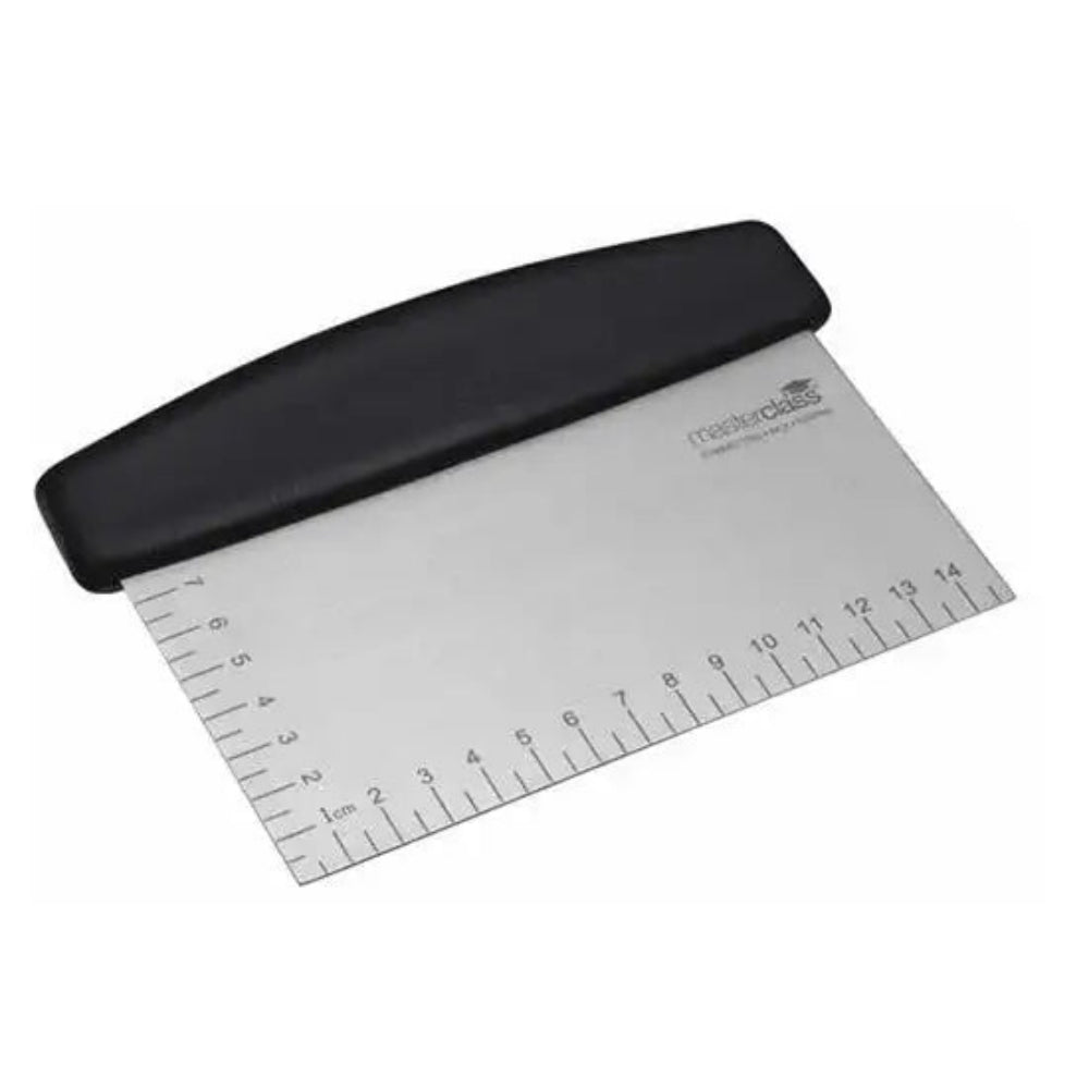 Measuring tool with black handle and clear ruler on a white background