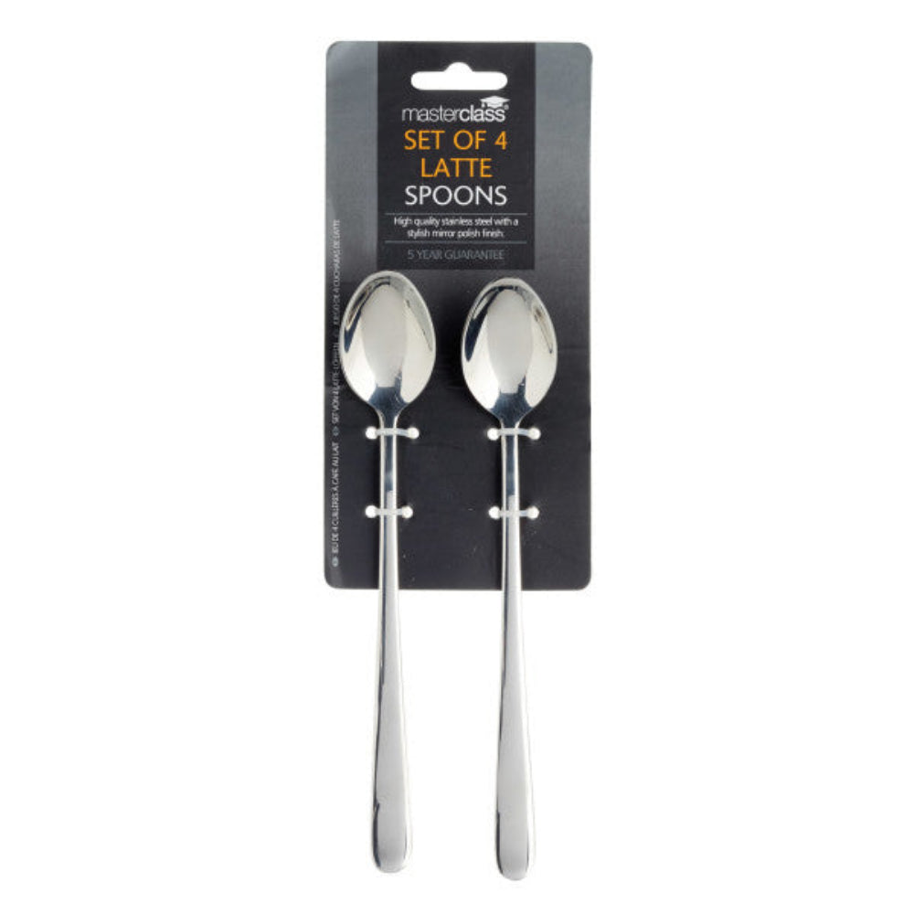 A set of four stainless steel latte spoons in a clear plastic clamshell package with a black backing card. The packaging features the 'masterclass' brand name and text reading 'SET OF 4 LATTE SPOONS'.
