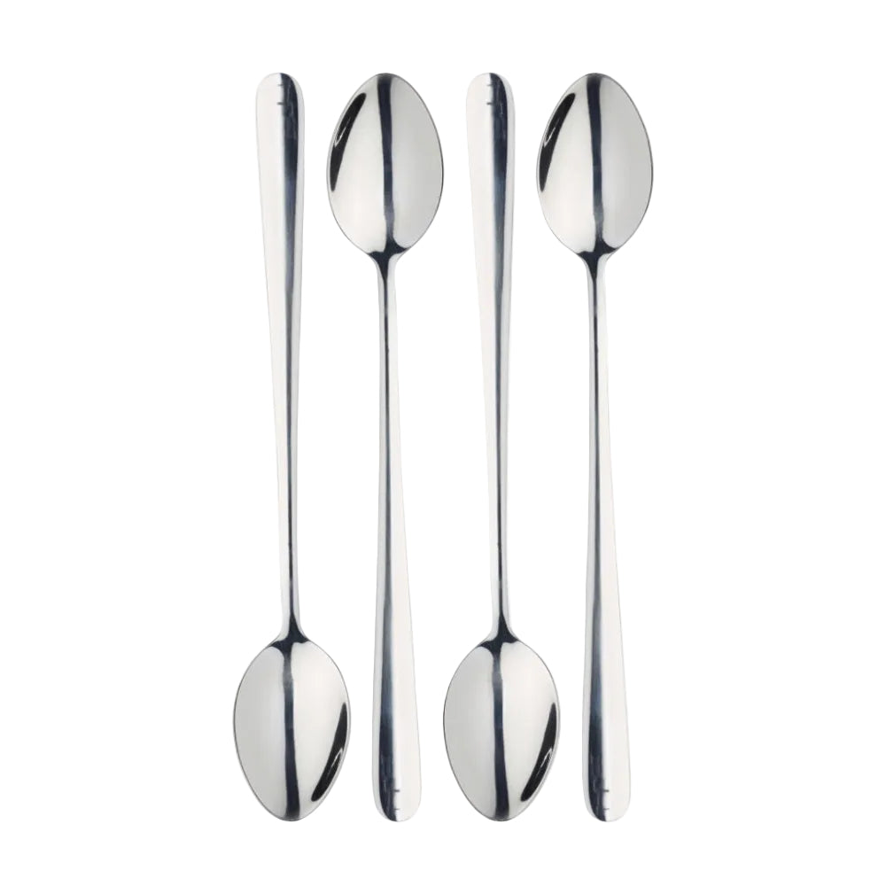 Four polished stainless steel spoons arranged vertically in a row against a solid white background.