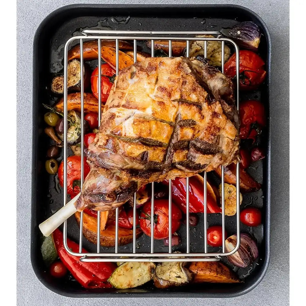 Roasted lamb with vegetables on a grill pan