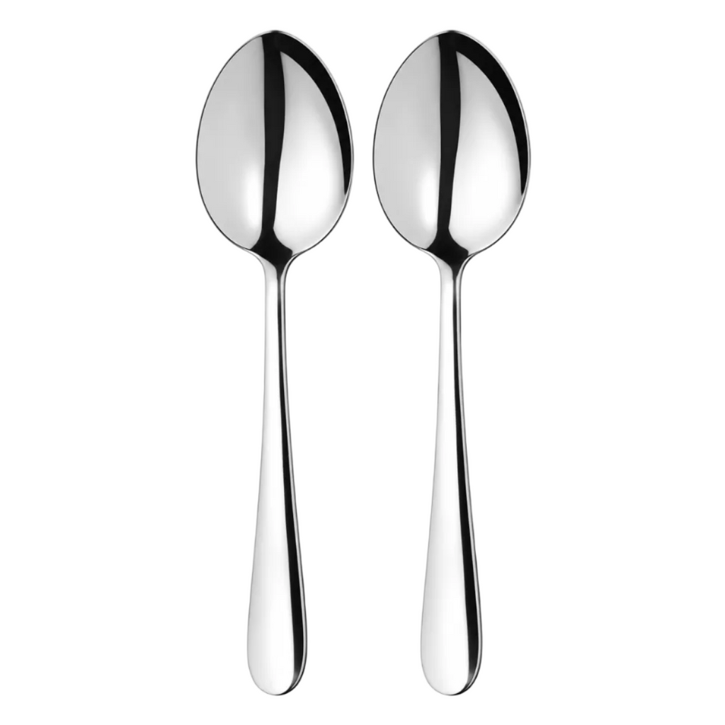 Two polished stainless steel spoons standing upright side by side on a plain white background.