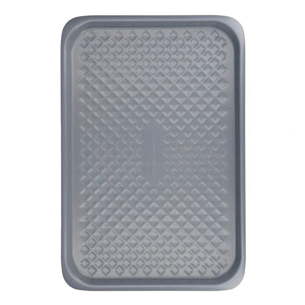 Gray textured baking tray on a white background