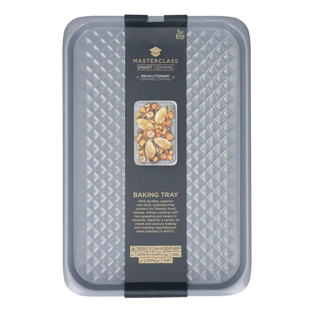 Masterclass baking tray with textured surface and label on a white background