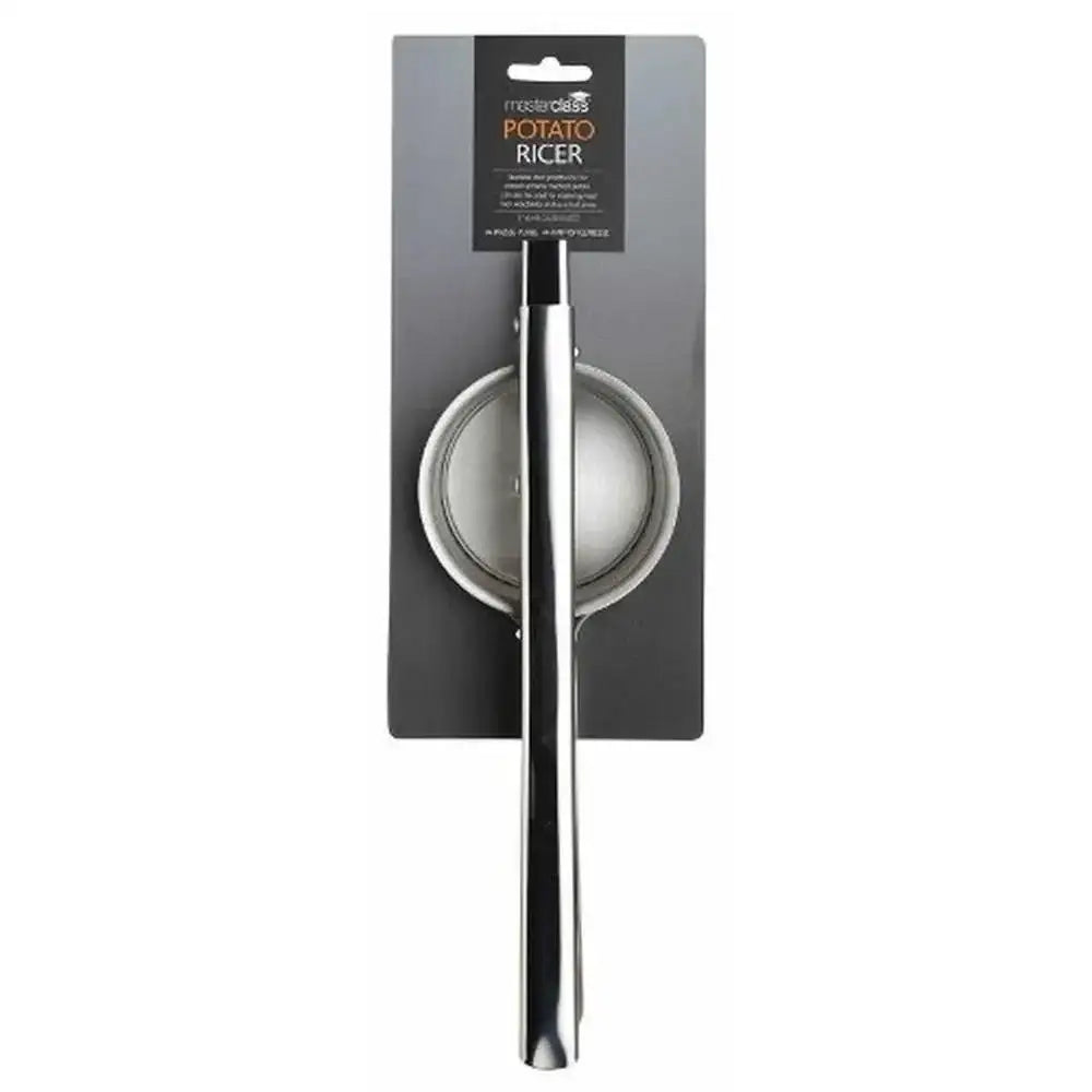 Stainless steel potato ricer with packaging on a white background