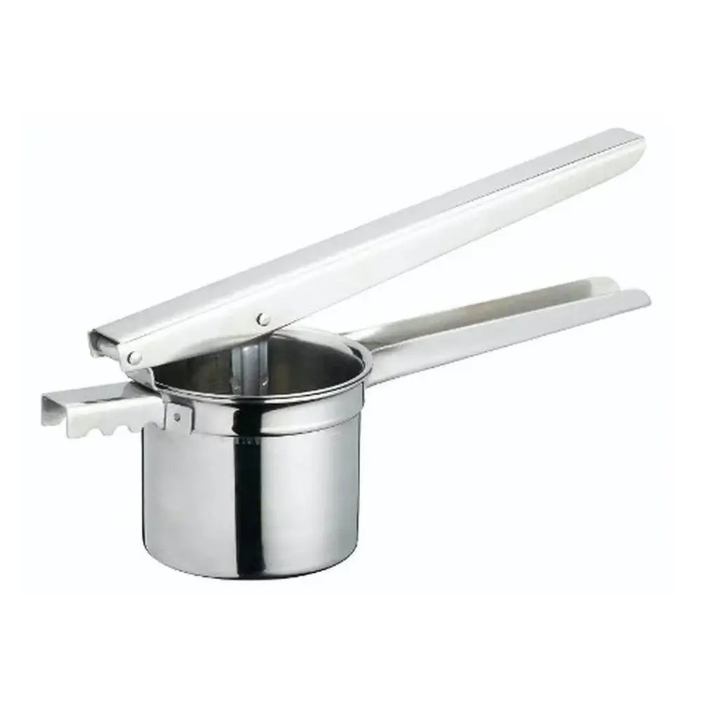 Stainless steel kitchen tool with a handle on a white background