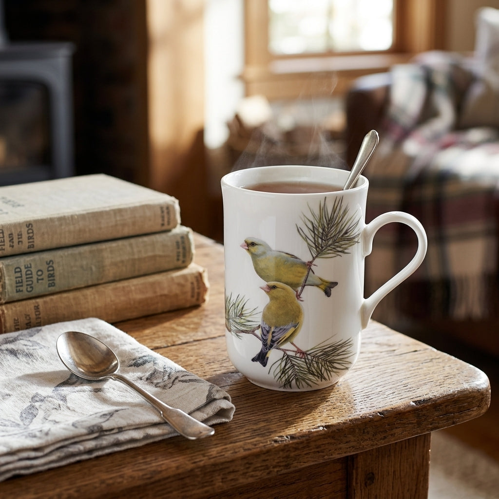 White mug with bird illustrations on a wooden surface with books in the background