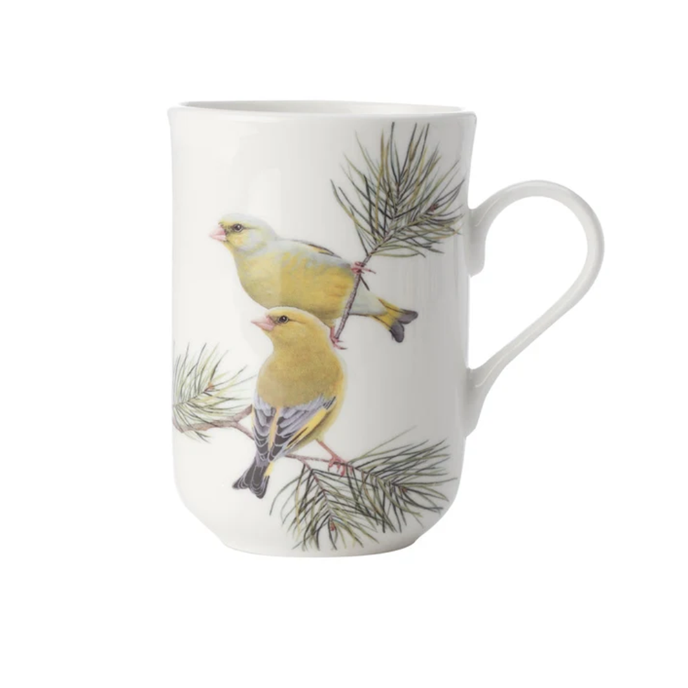 White mug with bird illustrations on a white background