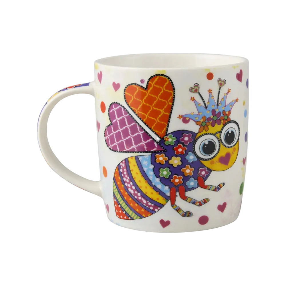 Colorful mug with a cartoon bee design on a white background