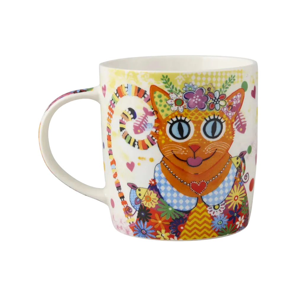Colorful mug with a cat design on a white background