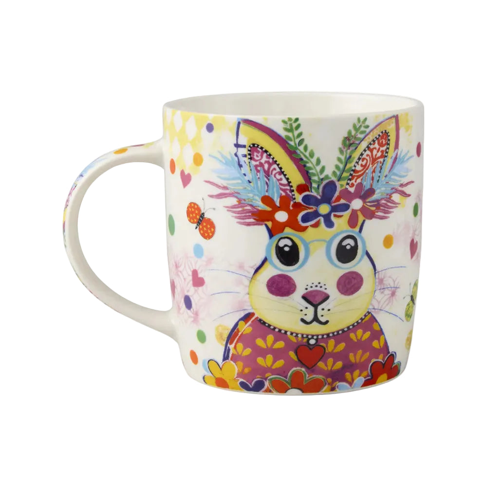 Colorful mug with a rabbit design on a white background