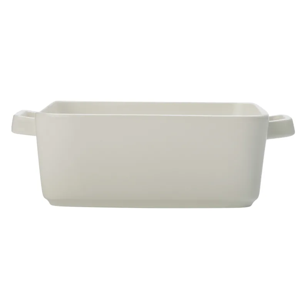 Rectangular white ceramic baking dish on a white background