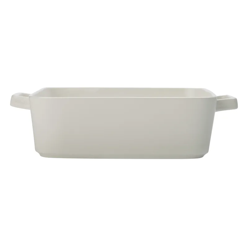 Rectangular white ceramic baking dish on a white background