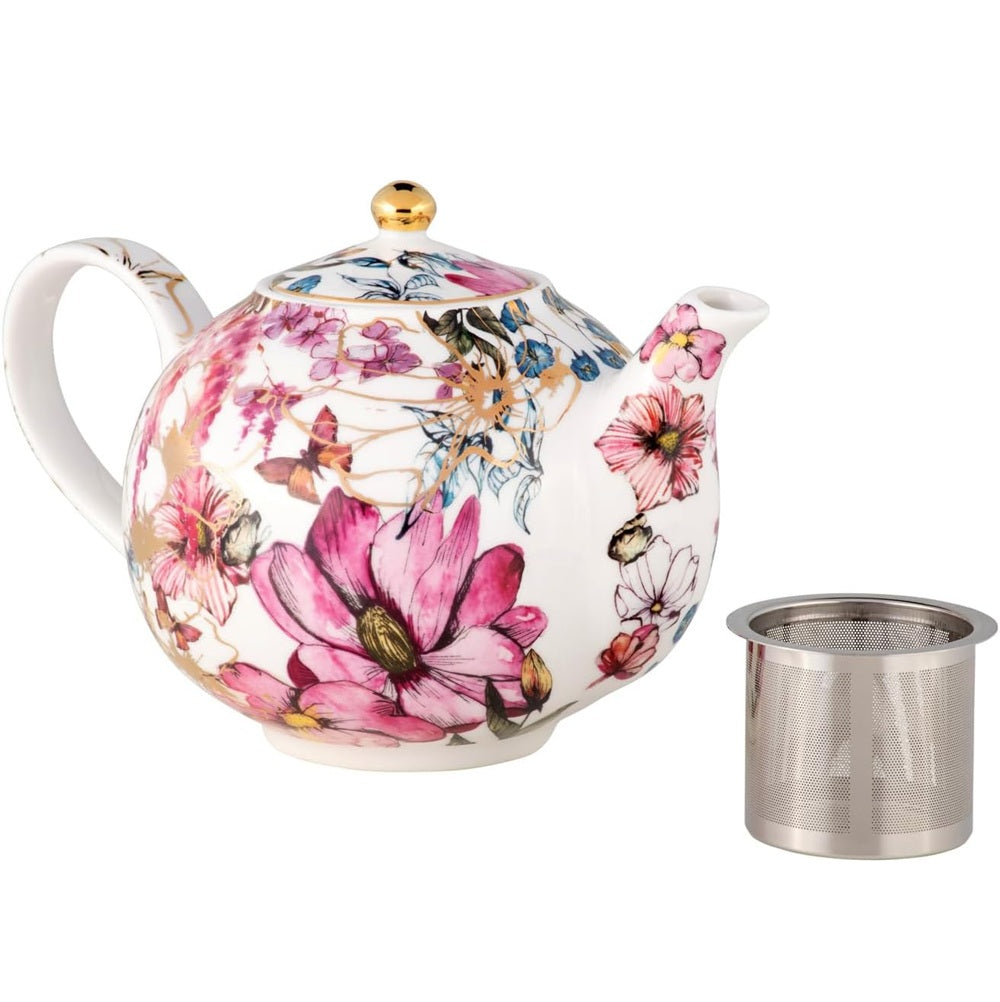 Floral teapot with a matching infuser basket on a white background