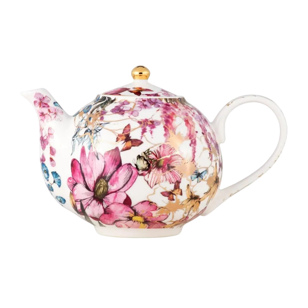 Floral teapot with pink flowers and gold accents on a white background