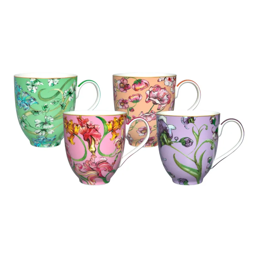 Set of four floral mugs in green, pink, orange, and purple on a white background