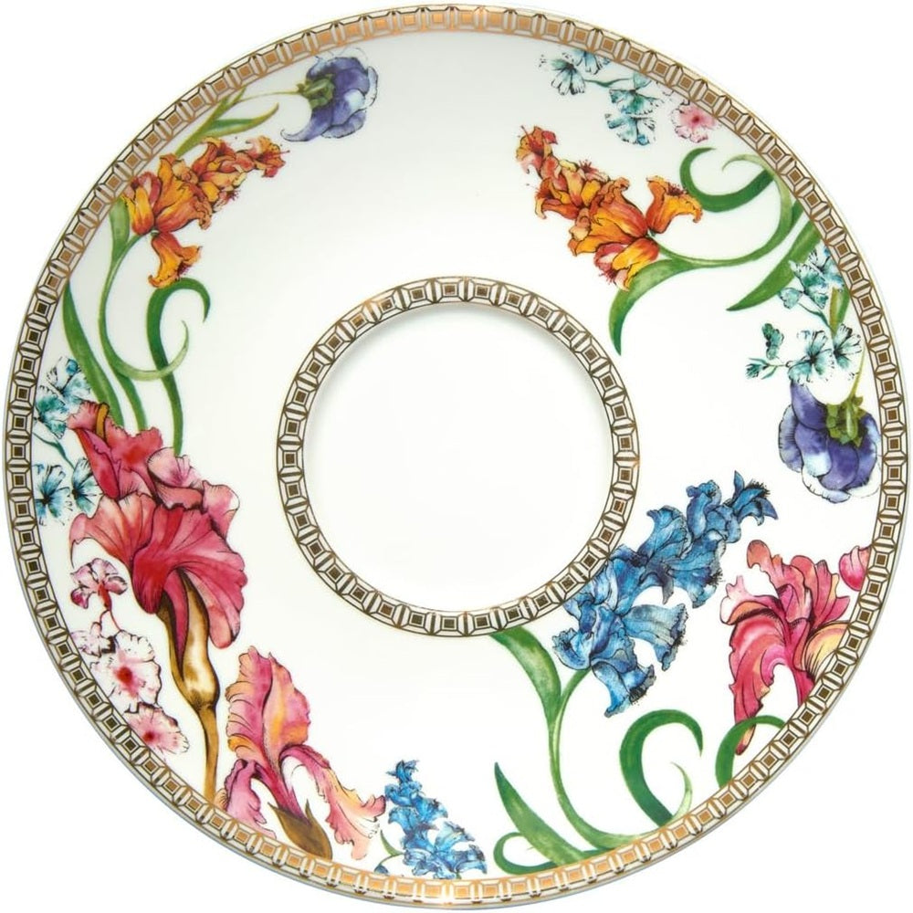 Decorative plate with floral designs and intricate border on a white background