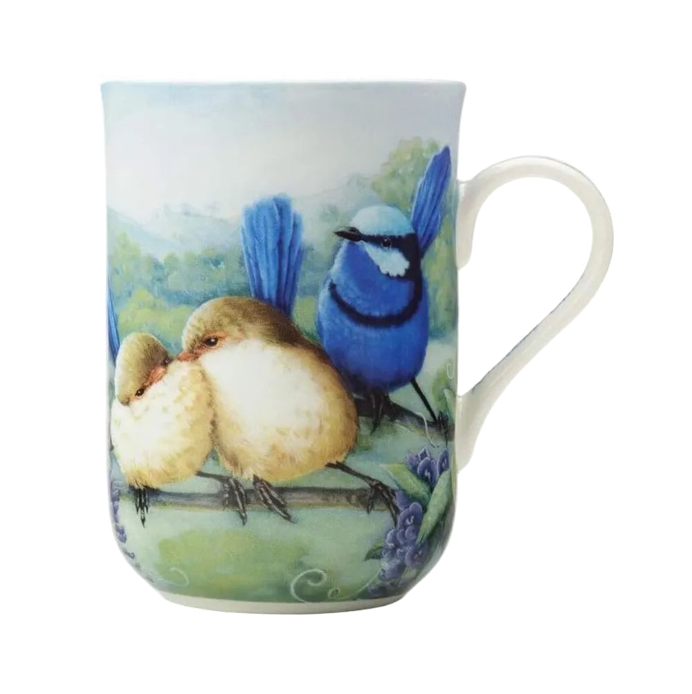 Mug with a decorative design of two birds on a branch