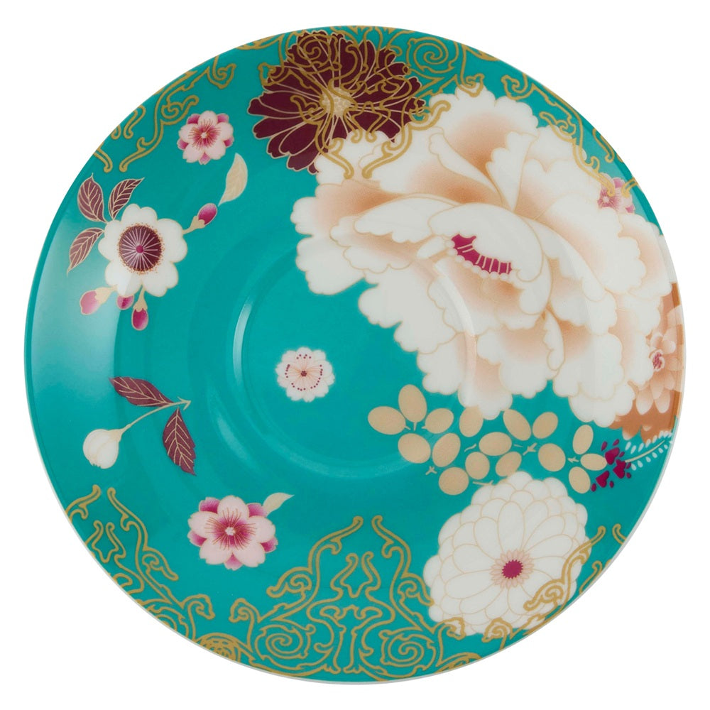 Decorative plate with floral design on a turquoise background