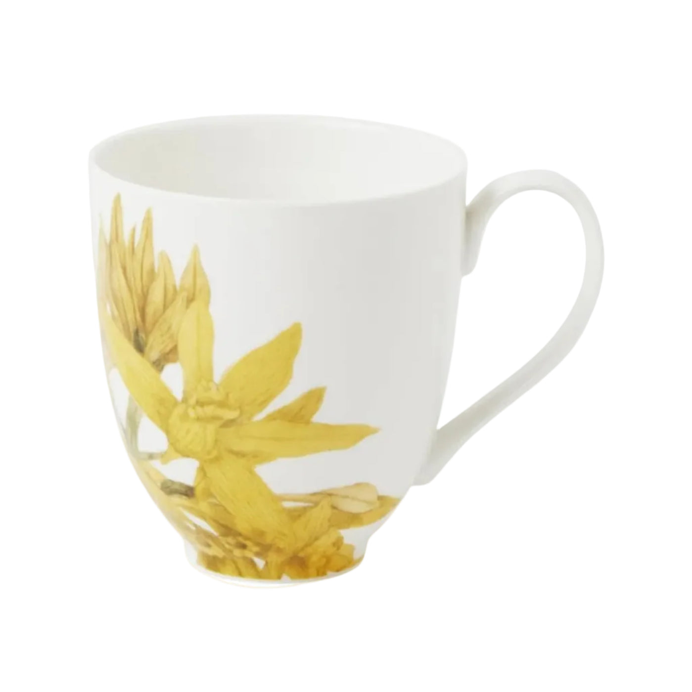 White mug with yellow floral design on a white background