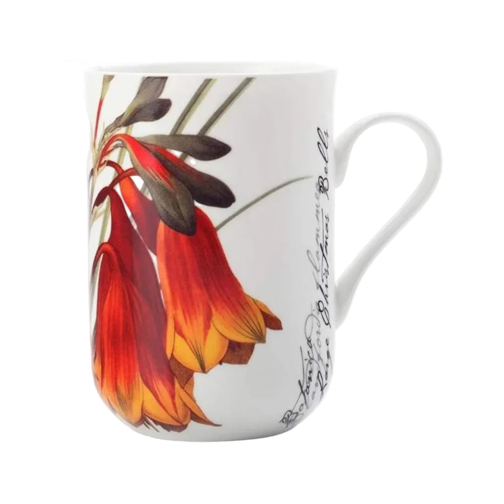 Mug with floral design and text on a white background