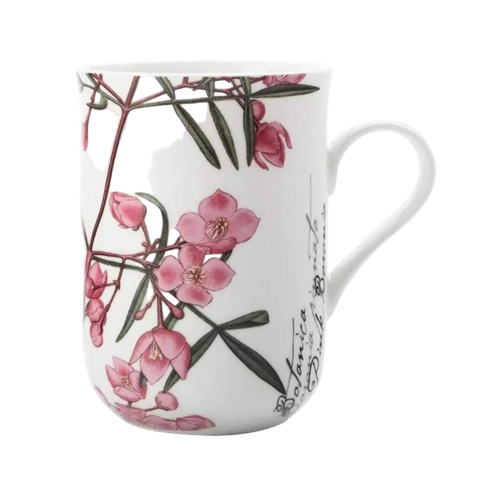 Mug with pink floral design on a white background