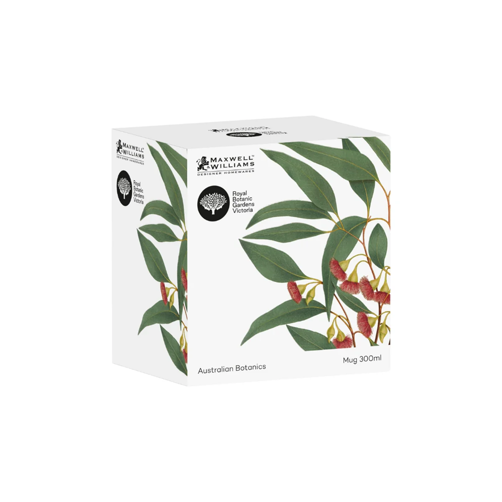 Packaging of Maxwell & Williams mug with eucalyptus design on a white background