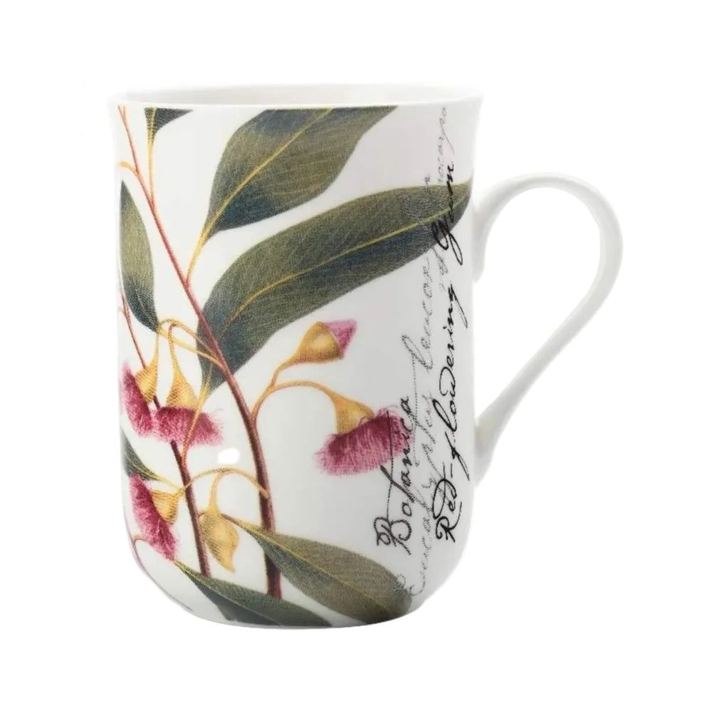Mug with floral and leaf design on a white background