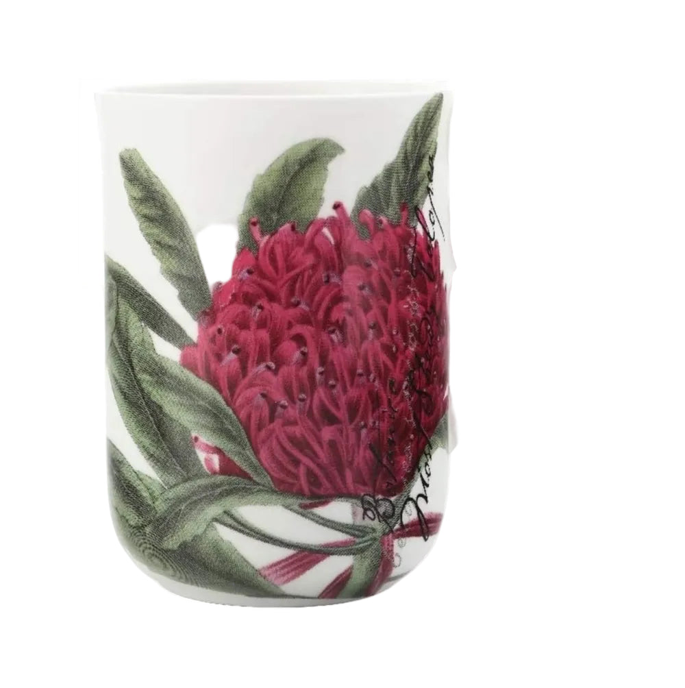 Mug with a pink flower and green leaves design on a white background