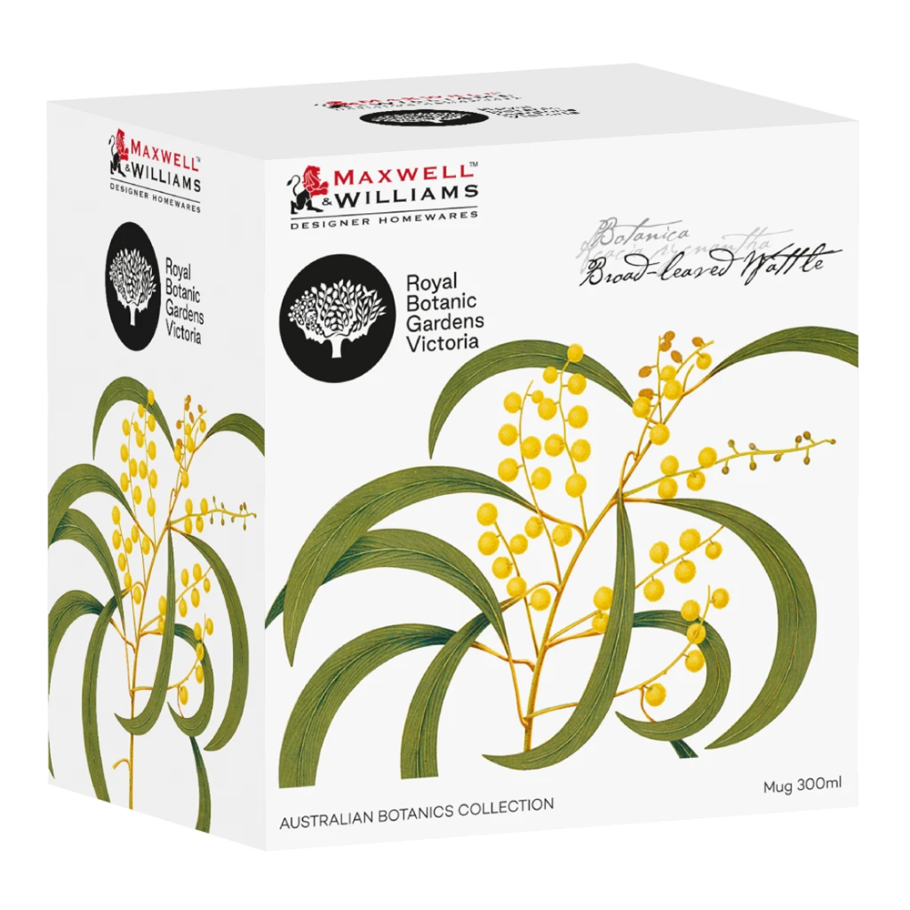 Maxwell & Williams mug packaging with botanical design and branding