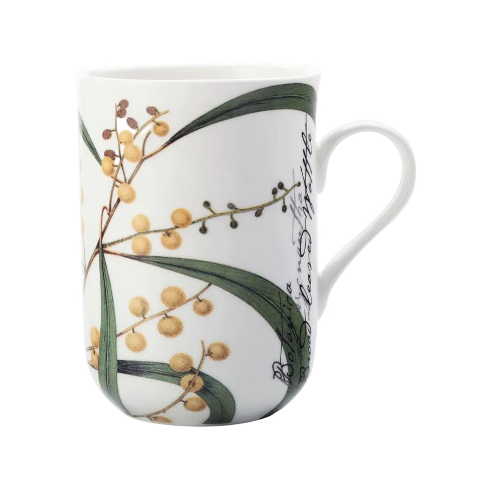Mug with floral design and text on a white background
