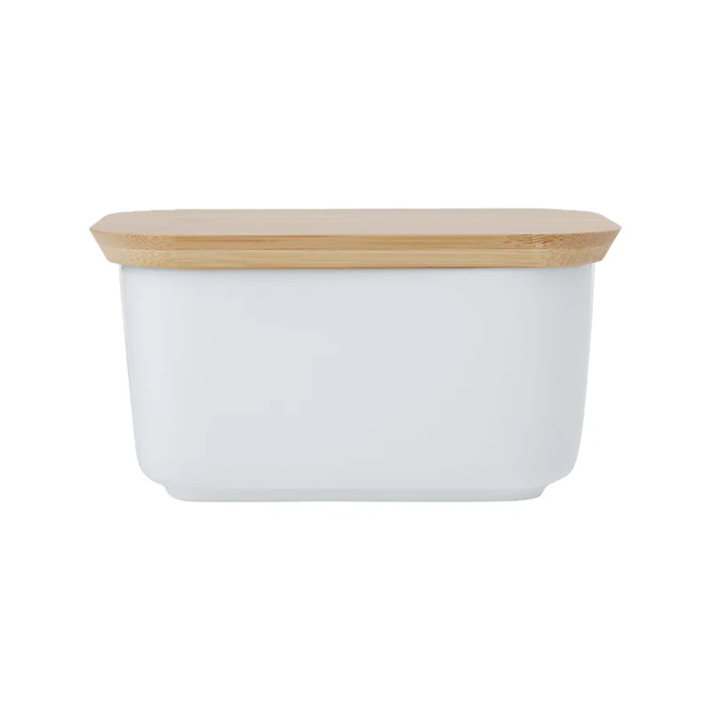 White ceramic container with a wooden lid on a white background