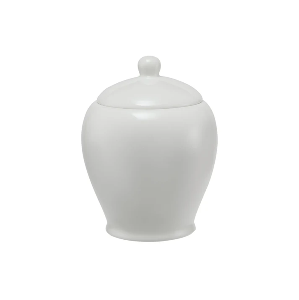White ceramic jar with a lid on a white background